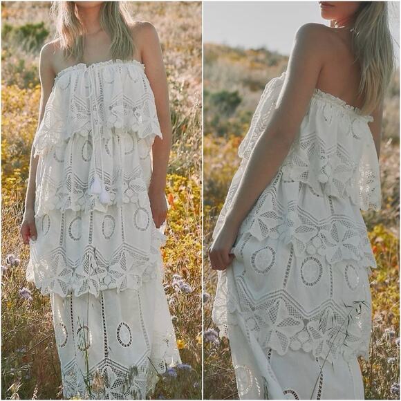 Free People Dresses & Skirts - Free People Ollari Lace Tiered Strapless White/Ivory Boho Maxi Dress XS
